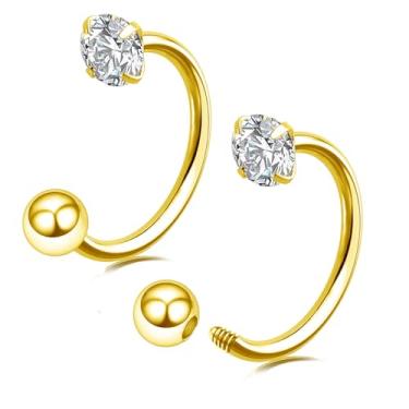 Imagem de CHARMONLINE 2 peças anel de nariz em ferradura de ouro 14K para mulheres e homens 20G pequeno fino meia argola piercing de orelha aço inoxidável 316L lábio sobrancelha hélice orelha piercing joia, 20G