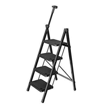 Imagem de Escadas dobráveis de 4 degraus com alça única telescópica escada multiuso comporta até 150 kg Escadas dobráveis para cozinha escada resistente (cor: preto)