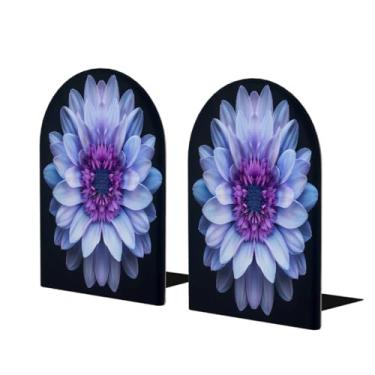 Imagem de Suporte de livros de madeira grande com flor girassol roxo suporte de livros decorativo antiderrapante resistente terminais de livro para mesa de escritório em casa biblioteca de estudo escolar