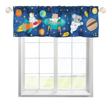 Imagem de KuphiL10C Cortina curta unissex com espaço de animais, dinossauros, astronauta, planetas, estrelas, berçário, com bolso para varão, para meninos, meninas, crianças, crianças, quarto, sala de estar