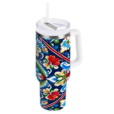 Imagem de Blueangle Copo isolado de 850 g com alça e tampa de canudo - Caneca de viagem de aço inoxidável à prova de vazamento, garrafa de água de cerâmica mexicana a vácuo de parede dupla (858)