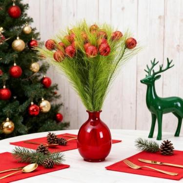 Imagem de 24 peças de topo de árvore de Natal 43 cm verde limão cacheado palitos de árvore com bola vermelha hastes verdes artificiais de Natal para decoração de guirlanda de casa de Natal suprimentos de