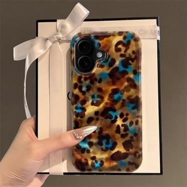 Imagem de Reownest Capa compatível com iPhone 16, linda estampa de leopardo azul marrom design retrô estética retrô, capa protetora de TPU (poliuretano termoplástico) à prova de choque - âmbar