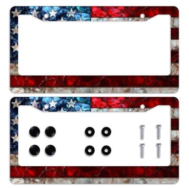 Imagem de 2 peças Bandeira Americana Moldura de Vidro Bandeira dos EUA Placa de Licença Personalizável Aço Inoxidável Metal Carro Placas Engraçadas Molduras Decorativas para Homens Mulheres 30 X 15 cm