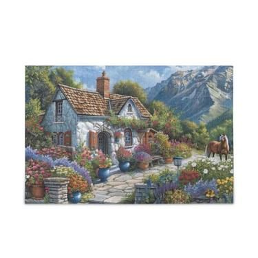 Imagem de Quebra-cabeça de 500 peças, pequeno chalé, flores coloridas, presente faça você mesmo, quebra-cabeça com bolsa de armazenamento de malha, quebra-cabeça de desafio para adultos, 52 cm C x 37,8 cm L