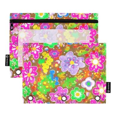 Imagem de Estojo de lápis com 3 anéis de tecido colorido marrom floral para fichário com zíper, estojo transparente para canetas, trabalho escolar, 25 x 18 cm, 2 pacotes