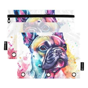 Imagem de Estojo para fichário com 3 anéis, fofo, aquarela, buldogue, zíper, fichário, caneta, desenho animado, transparente, estojo para canetas, escola, floral, 25 x 18 cm, 2 pacotes