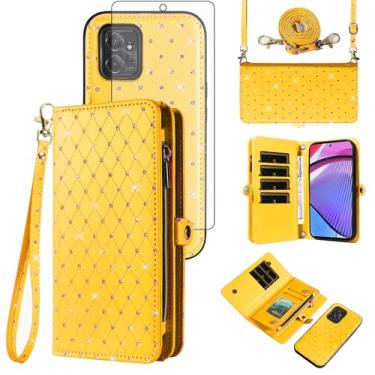 Imagem de Capa de celular para Motorola Moto G Power 5G 2023 com zíper carteira destacável com protetor de tela de vidro temperado alça transversal alça flip glitter suporte para cartão slot GPower G5 feminino