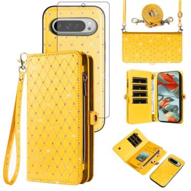 Imagem de Capa de celular para Google Pixel 9 Pro XL com zíper carteira destacável com protetor de tela de vidro temperado alça transversal com glitter flip porta-cartões slot Pixel9 9Pro 9ProXL nove mulheres