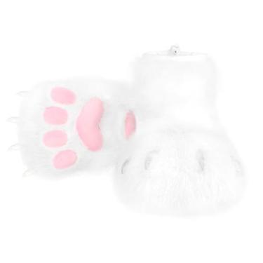 Imagem de HAOAN Pantufas de pata de animais peludos, botas felpudas, gatos, raposa, lobo, urso, garras, acessórios para cosplay de Halloween, Branco, One Size
