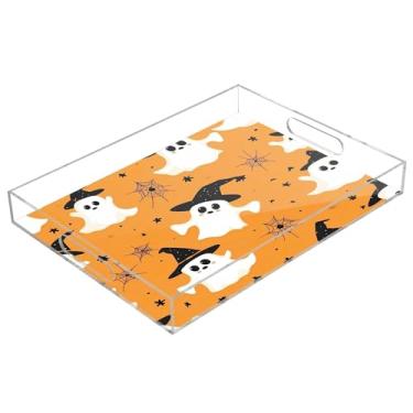 Imagem de xigua Bandeja de servir de acrílico fantasma de Halloween com alças à prova de derramamento, bandejas decorativas de festa de Halloween, bandeja organizadora de bancada para banheiro, cozinha, 30,5 x