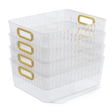 Imagem de Drephia 4 pacotes de caixas de armazenamento de plástico transparente, organizadores de despensa de cozinha com alças, recipientes para organização de armário