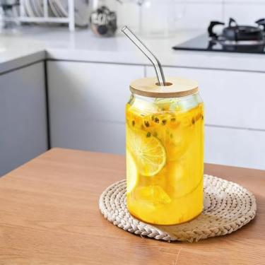 Imagem de Copos de vidro com tampas e canudos, 1 peça, conjunto de copos de 500 ml para acessórios de café bar, xícaras de café geladas com tampas, copo de vidro Matcha reutilizável para presentes