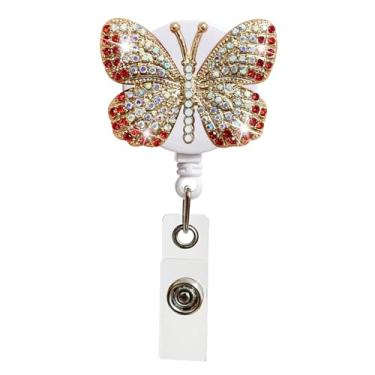 Imagem de Carretel de crachá de borboleta, carretel retrátil de strass, suportes de identificação giratórios de borboleta para funcionários médicos/de escritório, carretéis de crachá de metal com clipe de