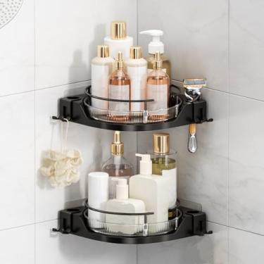 Imagem de Organizador de chuveiro de canto giratório de 360° (pacote com 2), organizador de prateleira de chuveiro adesivo sem broca, com ganchos, armazenamento de banheiro Lazy Susan para banheira, canto do