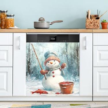 Imagem de xigua Linda capa magnética de boneco de neve de Natal, adesivos magnéticos decorativos antiarranhões para painel de geladeira e lava-louças, decoração personalizada de cozinha doméstica 58 x 66 cm