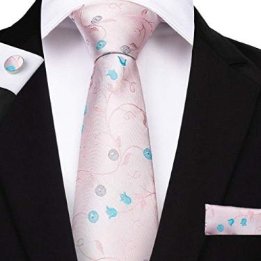 Imagem de pcagfaajmh Conjunto de gravata borboleta floral rosa fashion para homens punhos gravata masculina 100% seda conjunto de gravata de negócios festa de casamento