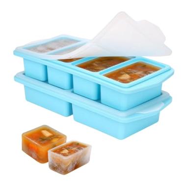 Imagem de Pacote com 2 bandejas de silicone para freezer com tampa - 1 xícara de silicone para congelador de alimentos - moldes grandes para congelador de cubos de gelo - Sopas e preparação de refeições - Forno