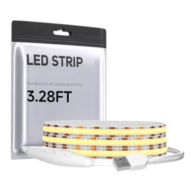 Imagem de Fita de luzes LED COB alimentada por USB DC5V 3,28FT 320LEDs branco 3000K 3 botões interruptor regulável de 8 mm de largura regulável alto CRI 90+ 5V 7W/m flexível de alta densidade para TV