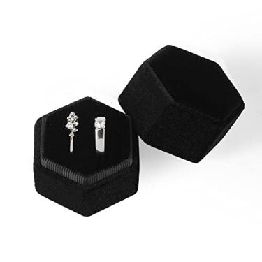Imagem de 1 caixa de anel de veludo para presentes de joias, caixa de anel sextavado duplo canelado para casamento, noivado, dia de casamento, comporta 2 anéis (preto)