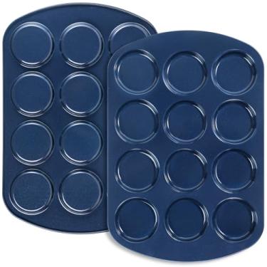 Imagem de Webake Forma de muffin antiaderente para assar mordidas de ovo, tortas de whoopie, biscoitos, pudim de Yorkshire, aço carbono de calibre pesado, conjunto de 2