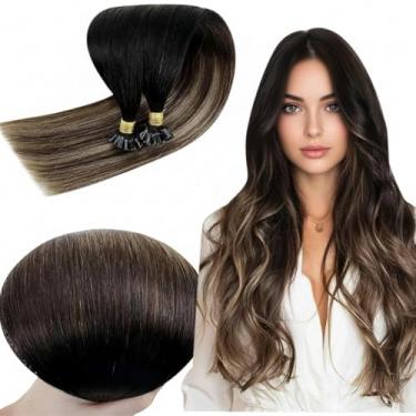 Imagem de RUNATURE Extensões de cabelo humano Balayage com ponta em U, preto ombré a marrom, mistura caramelo, loiro, extensões de ponta em U, extensões de cabelo remy de queratina reta, pontas em U, pré
