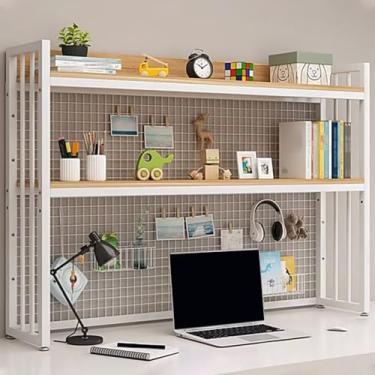 Imagem de Organizador de estante de mesa camada dupla com moldura de aço e material de placa de madeira, suporte de carga estável para escritório, decoração de casa, cozinha (cor: branco + nogueira, tamanho: 95