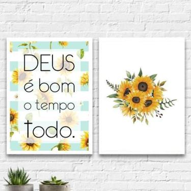 Imagem de Kit 2 Quadros Girassóis Deus É Bom 45X34Cm - Madeira Branca