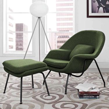 Imagem de Poltrona Womb Chair Com Puff Base Preta Linho Verde