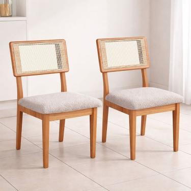 Imagem de Kit 2 Cadeiras de Jantar Assento Estofado em Tecido Linho com Encosto em Tela Palha Mdf Freijó / Cesare Escuro
