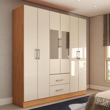 Imagem de Guarda-Roupa Solteiro Bali 6 Portas 2 Gavetas com Espelho Cinamomo/Off White - Panorama Móveis