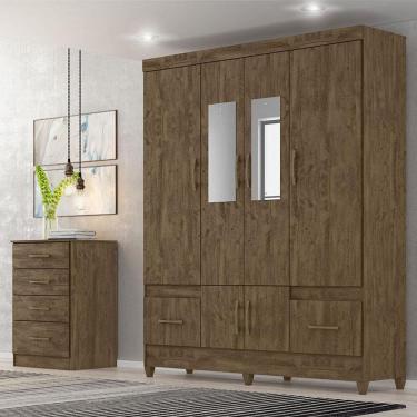 Imagem de Guarda Roupa Casal Ambiente MS912 com espelho e Cômoda MS913 Castanho Wood – Moval