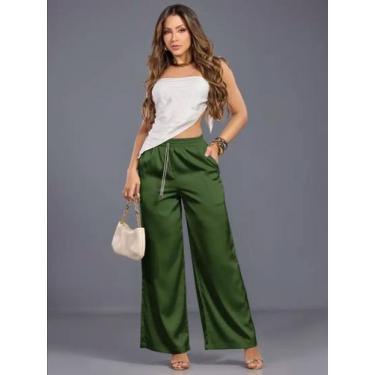 Imagem de Calça Feminina Wide Leg Acetinada Empório Pit Bull 90558, Verde, GG