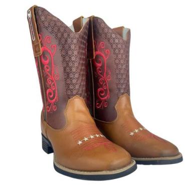 Imagem de Bota Texana Feminina Original Big Bull Cano Bordado Vermelho Couro Mar