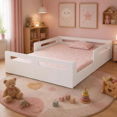 Imagem de Cama Casal Montessori Infantil Com Proteção Lateral Branco em MDF + Co