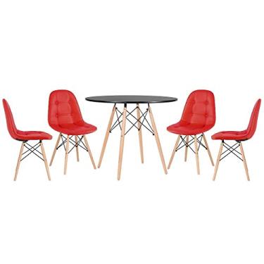 Imagem de Loft7, Mesa redonda Eames 90 cm preto + 4 cadeiras estofadas Eiffel Botonê Vermelho