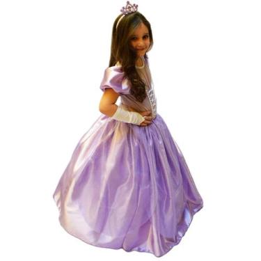 Fantasia Infantil Vestido Princesa Sofia Rapunzel Par Luvas e Tiara