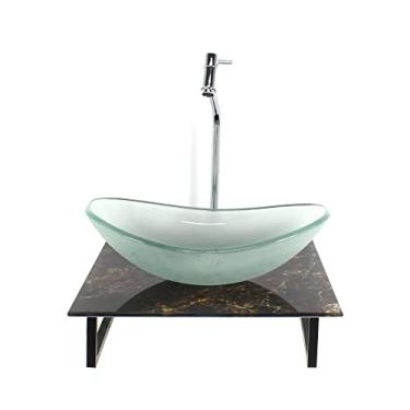 Imagem de KIT CUBA DE VIDRO OVAL 10MM JATEADA COM TAMPO DE VIDRO 40CM X 40CM MÁRMORE IMPERDADOR E SUPORTE TORNEIRA VALVULA