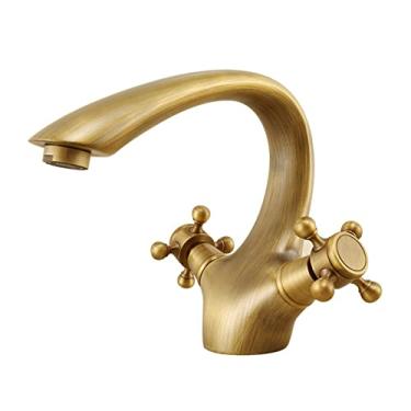 Imagem de LIDON Torneira de banheiro de latão retrô, alça dupla, torneira de pia de banheiro de latão antigo 1 furo, torneira de pia de latão alta do banheiro, torneira de pia de cozinha retrô, B antigo (cor: antigo A)