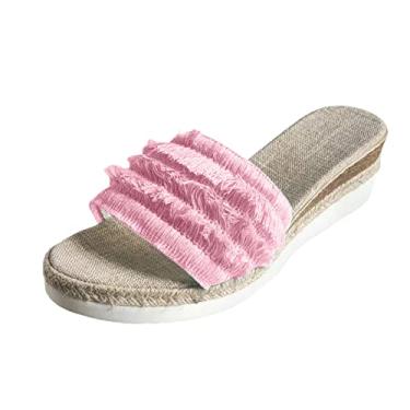 Imagem de Sandálias rasteiras moda verão boêmio borla tecido colorido rosto aberto dedo inclinado salto grosso sola grossa (rosa, 8,5)