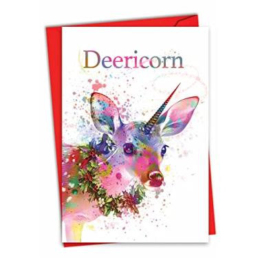 Imagem de Deericorn – Cartão colorido de Feliz Natal com envelope (4,63 x 6,75 polegadas) – cervo de unicórnio pintado com aquarela mágica – Papelaria natalina, cartão divertido para crianças C7134XSG