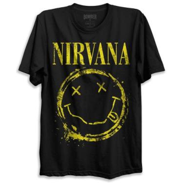 Imagem de Camiseta Preta Banda Nirvana Logo Amarelo Carinha Grunge Kurt Cobain B