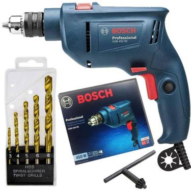 Imagem de Furadeira Industrial de Impacto 3/8 POL c/ Reversão 450W GSB 450 RE BOSCH + Kit Brocas Aço Rápido