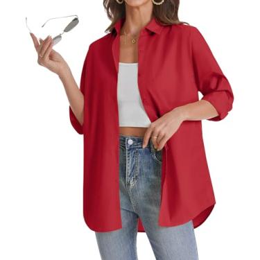 Imagem de J.VER Camisa feminina de botão grande casual manga longa leve respirável de algodão sólido camisa social para escritório, Vermelho, M