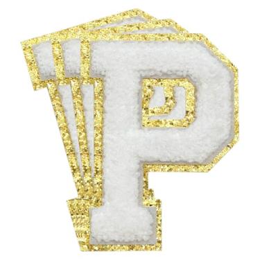 Imagem de 3 Pçs Remendos de Chenille Letras Douradas Glitter Ferro em Remendos de Letras Varsity Remendos Bordado de chenille Remendos Costurados para Roupas Chapéu Bolsas Jaquetas Camisa (Ouro, P)