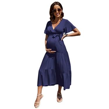 Imagem de Coolmee Vestido feminino para gestantes, gola V, manga comprida, plissado, para chá de bebê ou uso casual, Navyshoort, P