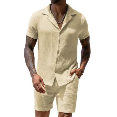Imagem de URRU Conjunto masculino de linho 2024 moda verão manga curta camisa e shorts roupa praia tropical férias, Caqui, M