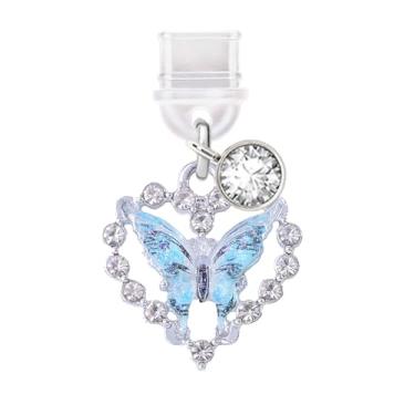 Imagem de ELISE & FONDA TP379 Tipo-C porta de carregamento USB antipoeira plugue cristal amor coração com pingente de telefone celular borboleta para iPhone 15/Samsung/OnePlus/Xiaomi/oppo telefones Android