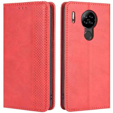Imagem de Capa Blackview A80, capa carteira retrô de couro PU à prova de choque com compartimento para cartão e fecho magnético para capa de telefone Blackview A80 2020 (vermelha)