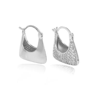 Imagem de Brinco Argola Retangular Cravejado Zircônias Folheado Ródio Branco - 3